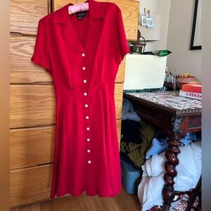 Red Midi 40s style silk A-Line Dress with Notched Collar